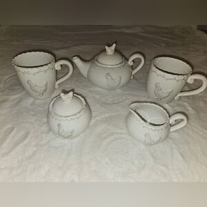 Charming White Antiqued Hen Tea / Coffee Set